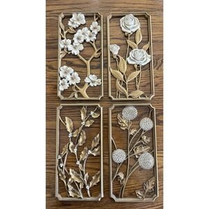 VTG DART Gold & White, Set of 4 MCM Four Season Floral Wall Plaques USA